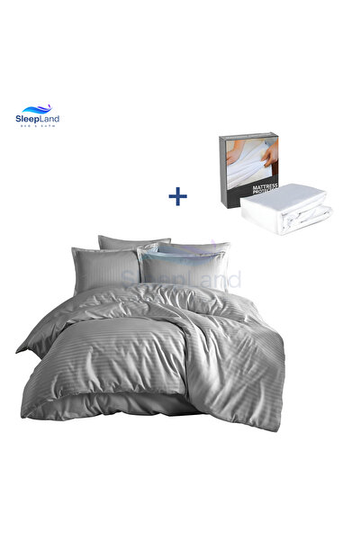 SLEEPLAND بكج مفرش فندقي لون رمادي مع طقم عازل مخدة مع عازل مرتبة
