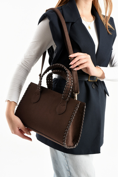 Adox Çanta Crane Model Brown Suede Knitted Patterned Women's Hand and Shoulde...