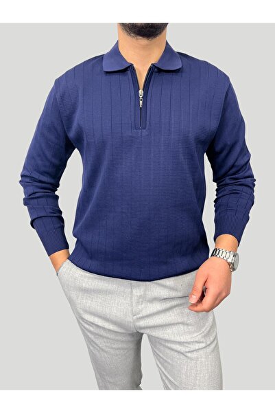 HAVANO Havanna Premium Quality Collared Zippered Knitwear Sweater - Navy Blue