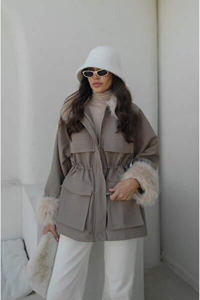 Havoş Jachetă bej cu guler și mâneci din blană