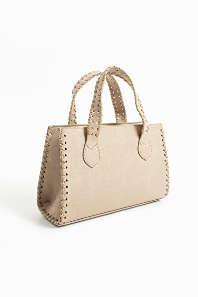 Adox Çanta Crane Model Mink, Beige Suede Knitted Patterned Women's Hand and Shoulder Bag