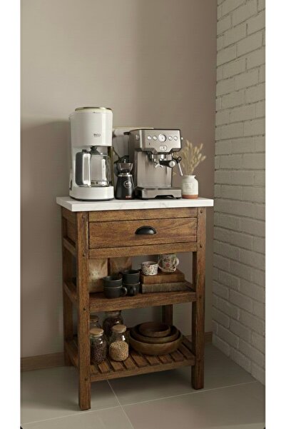 SİLVA WOOD Rustik Masif Ahşap Kahve Köşesi Çekmeceli 2 Raflı Servis Dolabı Doğal Ahşap Kahve Köşesi