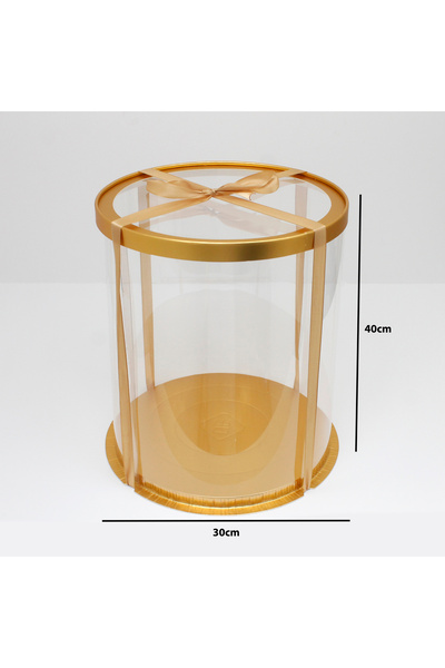 Generic 1 piece of round transparent cake boxes, gold color, dimensions 30 x