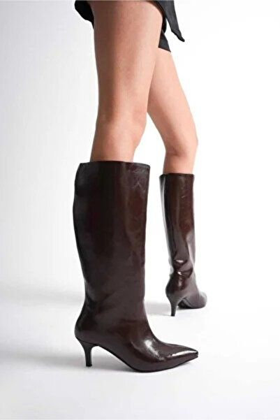 altın moda shoes kadın siyah rugan topuklu sivri burun diz altı çizme