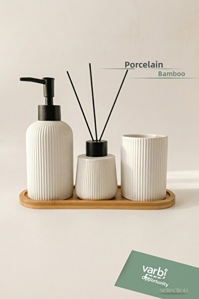 Varbifırsat 3-Piece Porcelain Bathroom Set – Stylish Accessory Set with Bamboo Base (Soap Dish, Toothbrush Holder, Room Fragrance Container)