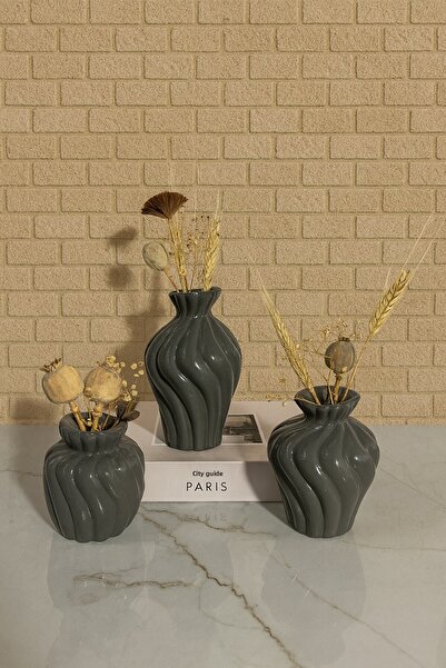 Zigzag Home Decorative 3 Piece Twist Art Bohemian Style Vase Set Flower Vase Figurine Set Anthracite Color