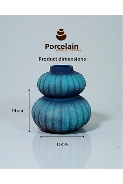 Porselian Vază decorativă cu aspect antic cu dungi 14x13 cm, albastru turcoaz, obiect pentru sufragerie