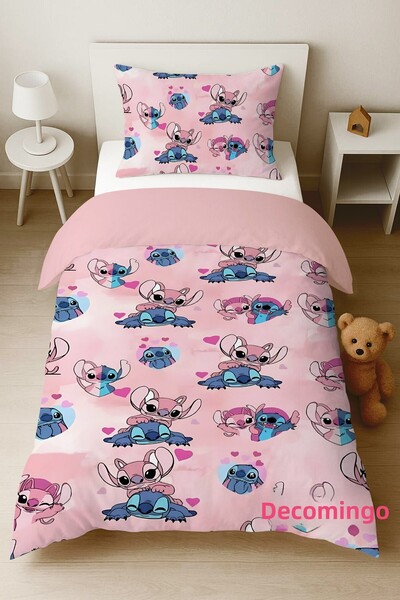 dekomingo طقم غطاء لحاف بنمط ليلو وستيتش باللون الوردي (بدون ملاءة)