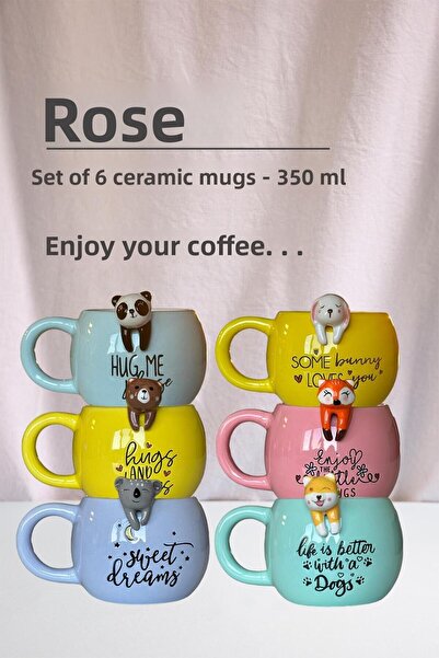 ROSIE طقم أكواب سيراميك 350 مل مع أشكال حيوانات، 6 قطع