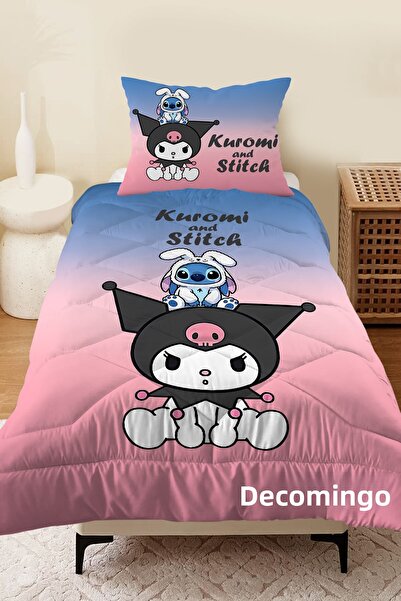 dekomingo Kuromi and Stitch Patterned Quilted Bedspread