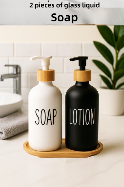 Penthouse Set de 2 dozatoare moderne de săpun lichid din sticlă, cu capac din bambus, alb și negru, 500 ml, cu suport din lemn
