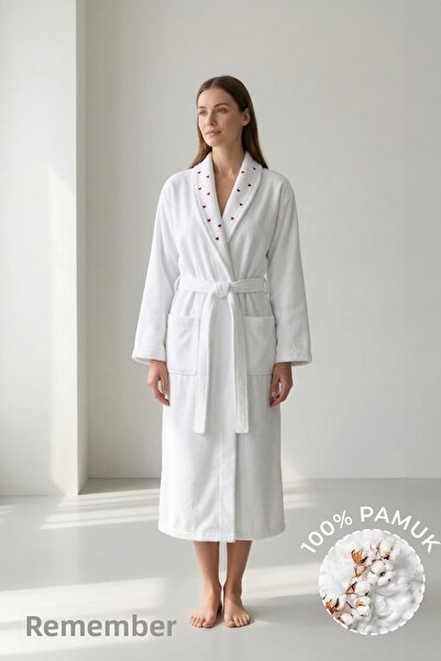 Anılsan روب استحمام شاليكا أبيض، مطرز بشكل قلب، 100% قطن، مثالي للجنسين، مناسب للاستخدام اليومي للنساء/الرجال