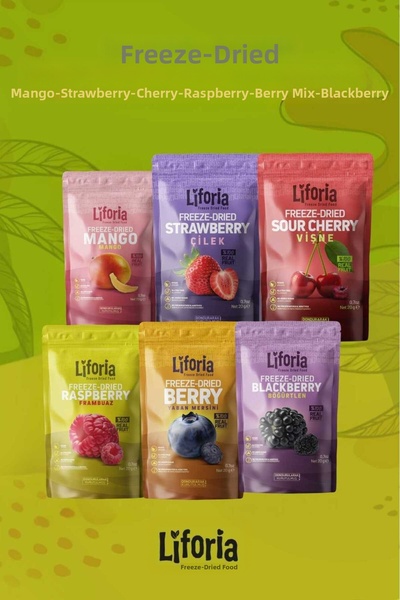 Liforia 6 عبوات من الفواكه المجمدة - وجبة خفيفة صحية - مانجو، فراولة، كرز، توت العليق، توت بري، بلاك بيري