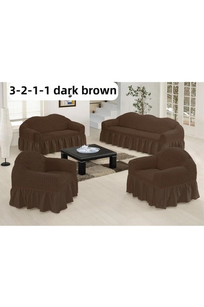 ARTUÇ طقم غطاء أريكة من Bürümcük قطن (3 2 1 1) مع تنورة (لون بني داكن)