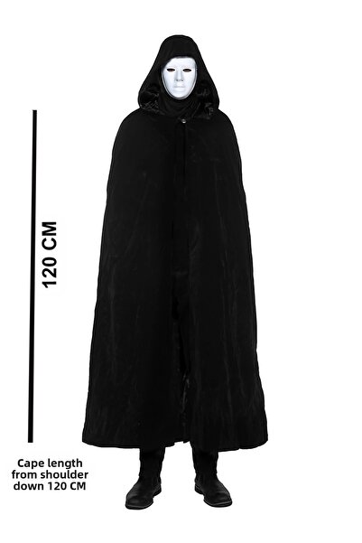 Marsilyan عباءة سوداء بغطاء رأس 120 سم وقناع وجه كامل أبيض قابل للطلاء (5224)