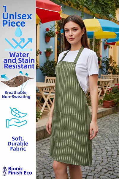 Monki Haus مريلة مخططة طاردة للماء ومقاومة للبقع وقابلة للتعديل على شكل رقبة وجيب للمطبخ والمقهى والباريستا والمعجنات والطهاة