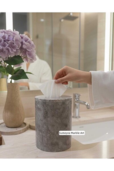 Sümeyra Marble Art علبة مناديل رخامية - حامل مناديل رخامي - ترافرتين فضي