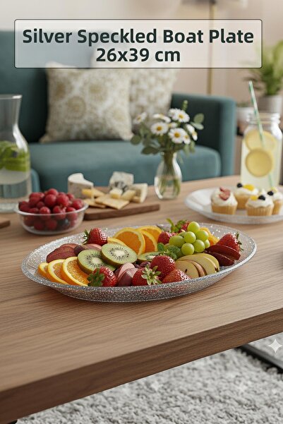 Depa طبق تقديم وتقديم كبير من الفضة اللامعة - 26.5 × 39.5 سم