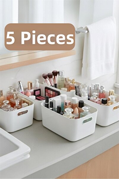 Bayev Sort 5 Pieces Cosmetic Organizer White Color Plastic Multi-Purpose Bathroom Kitchen Organizer