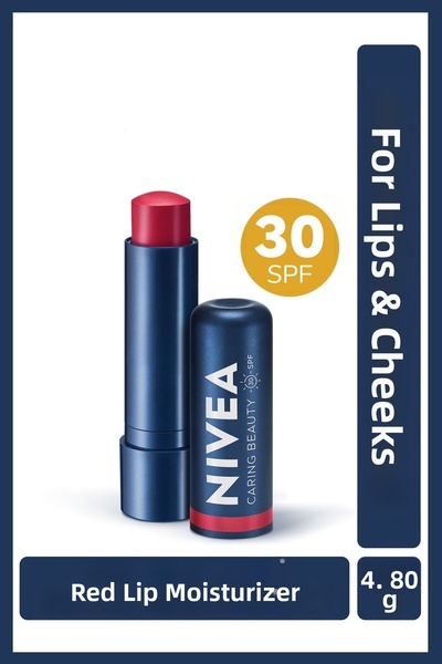 NIVEA كريم مرطب للشفاه بعامل حماية من الشمس SPF30 باللون الأحمر 4.8 جرام - زي...