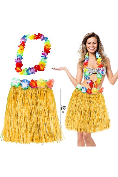 Skygo Hawaii Luau Aloha Yellow Tassels 50 cm Skirt and Hawaiian Necklace Set