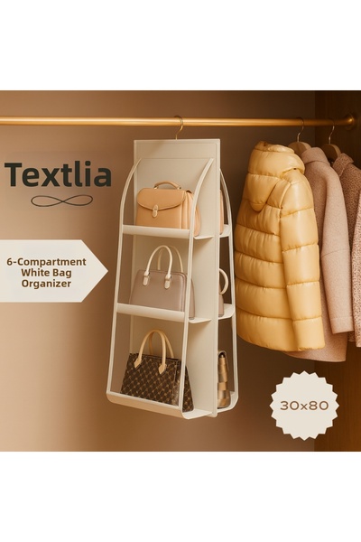 Textia Home Hanging Bag Organizer – 6 Compartments – White – Bag & Shoe Organizer