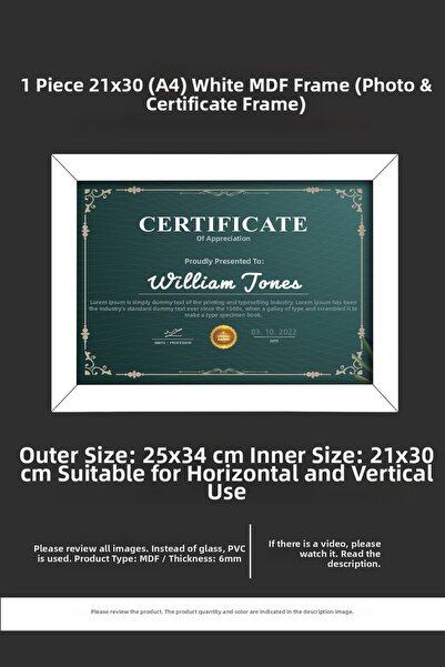 YEDİART 1 Piece 21X30 Frame - Mdf Frame - Photo Frame - A4 Diploma Frame - Ce...