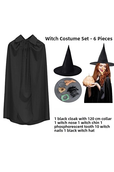 ArkhenX Witch Costume Set 6 Pieces - Hat Cape Teeth Nails Chin and Nose