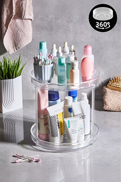 Mutfak Köşesi Lumora 360 Transparent 2-Layer Rotating Makeup & Bathroom Organizer |   24×24 cm Organizer Stand