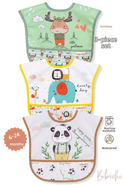 Bebechi مجموعة من 3 قطع (غزال-أسد-باندا) (مقاومة للسوائل) مريلة أطفال مع جيوب...