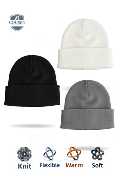 Cousen Set de 3 căciuli unisex, negre, gri și albe, pliabile și elastice