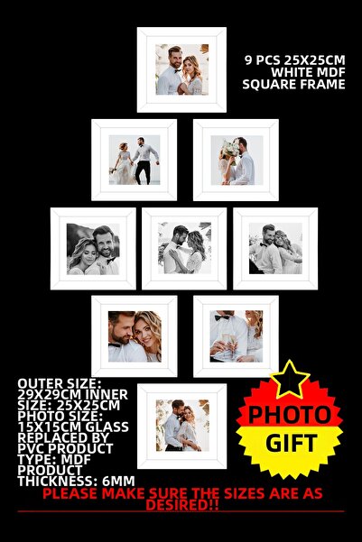 YEDİART 9 Pieces 25X25 Frame - Mdf Frame - Photo Frame - Square Frame - with Pvc