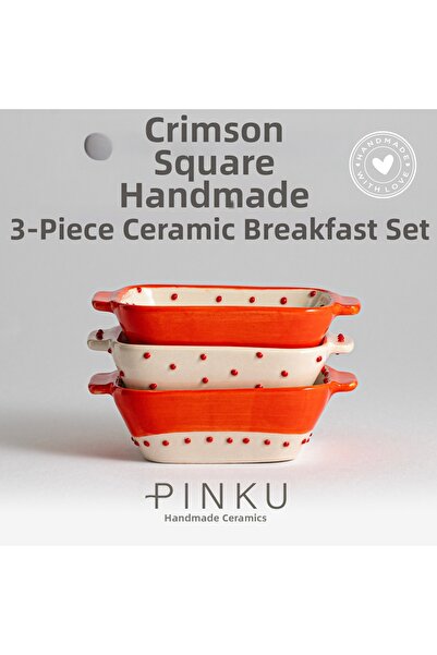 PINKU Ceramics طقم إفطار سيراميك مستطيل الشكل مصنوع يدويًا من Crimson مكون من 3 قطع - (للحلوى، والريش، والزيتون، والجبن، والكرز)