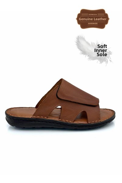 Moda Anna Sermoda Genuine Real Leather Men's Slippers Lightweight Slippers Leather C Tan