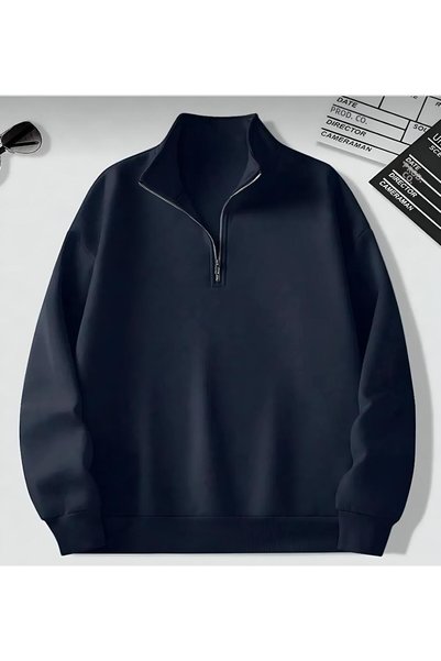 trendgar Navy Blue and Black 2-Piece Stand Collar Half Zipper Oversize Unisex Sweatshirt