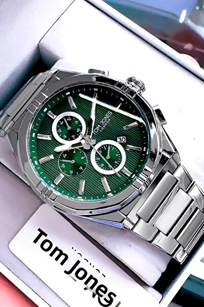 Tom Jones ساعة يد رجالية أصلية مقاومة للماء باللون الفضي والأخضر وسوار هدية من الفولاذ DKH4157C1