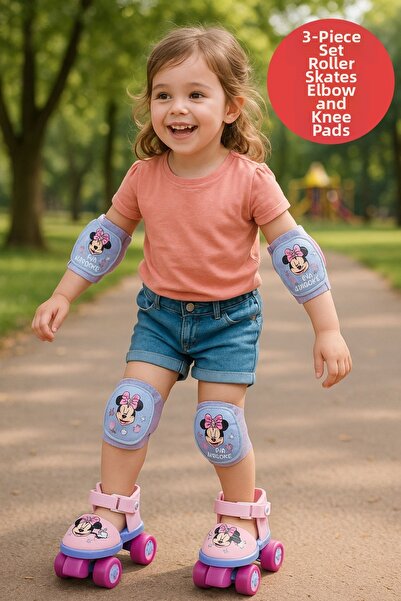 TOYFEST Pink Minnie 4 Wheel Roller Skate Set with Bag - Elbow Pads and Knee Pads (Adjustable for Sizes 22-29)