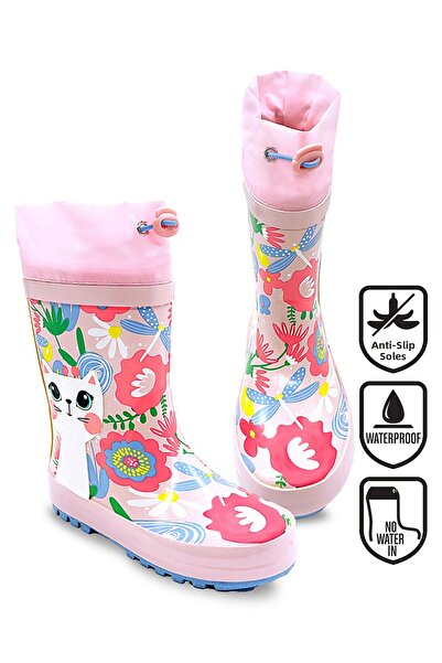 Denokids Cat Floral Girl's Pink Rain Boots