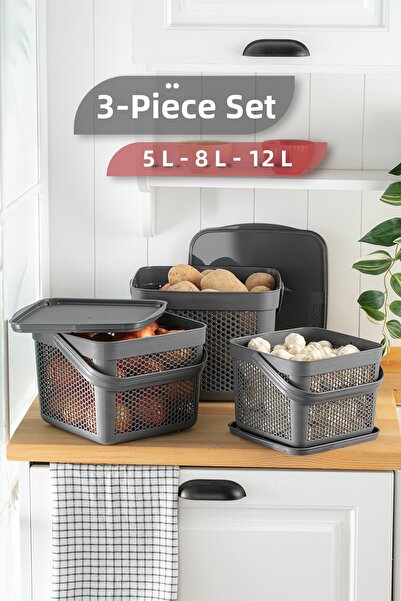 MYBOX مجموعة من 3 سلال تخزين للخضروات والبصل والبطاطس مع أغطية، منظم متعدد الأغراض للمطبخ، سعة 5-8-12 لتر