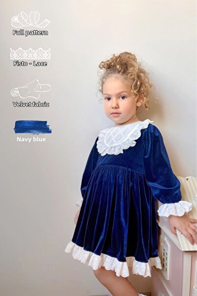 penu baby kids Fusta cu guler din catifea albastru bleumarin și rochie pentru...