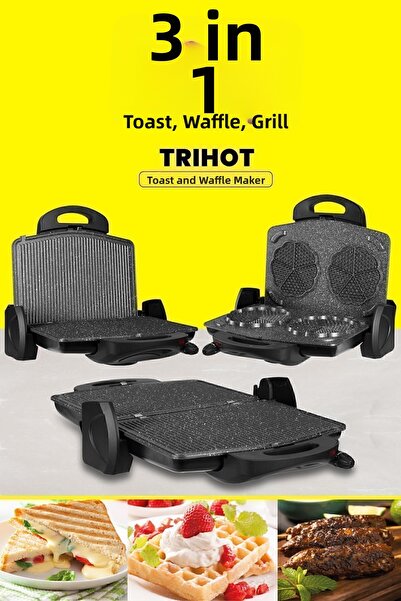 GOLDMASTER محمصة شواء وافل 3 في 1 من الجرانيت قابلة للإزالة، 6 شرائح باللون ا...