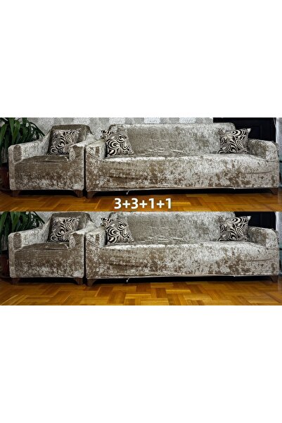 Hazineci Bey طقم غطاء أريكة مخملي بيج - مطاط، 3+3+1+1