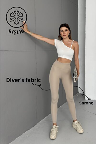 Babelook Dámské béžové zimní potápěčské legíny s vysokým pasem