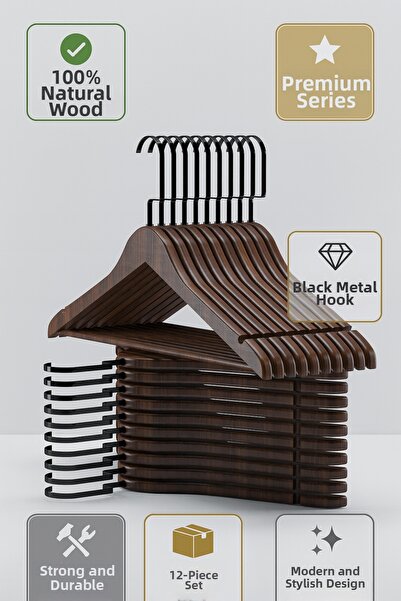 Onouqo شماعة ملابس وقمصان من خشب الجوز، سلسلة خاصة بخطاف أسود (فاخر للغاية) 12 قطعة