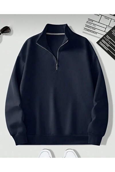 DEZZİİ Unisex Navy Blue Stand Collar Zippered Pullover Sweatshirt
