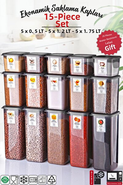 Nandy Home Set de depozitare economică antracit de 15 - Recipient indestructibil cu etichetă, x5 - 1,75/1,2/0,5 L