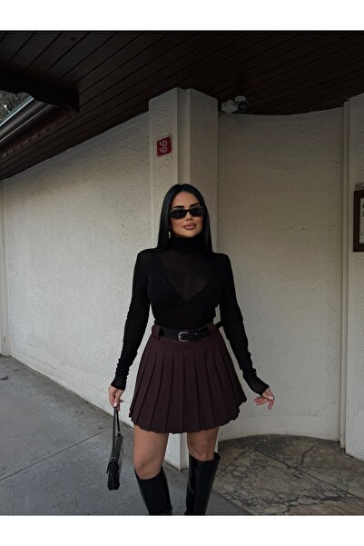 LB Laluna Butik Fustă damă maro cu talie înaltă, pliuri și curea