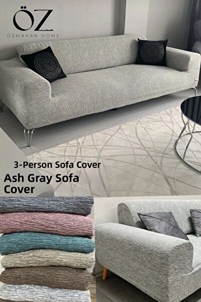 ÖZMAKAN غطاء أريكة جاكار 3 مقاعد - سرير أريكة وأريكة وغطاء أريكة 1 قطعة رمادي حجري