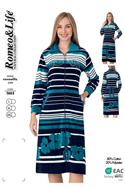 ROMEO LİFE Women's Cotton Blend Velvet Zipper Dress - Blue 1663