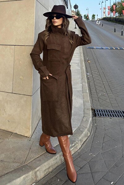 NEW LAVİVA جيب قهوة نسائي، حزام خصر، ياقة مغلقة، جيوب، معطف طويل من الكشمير (...